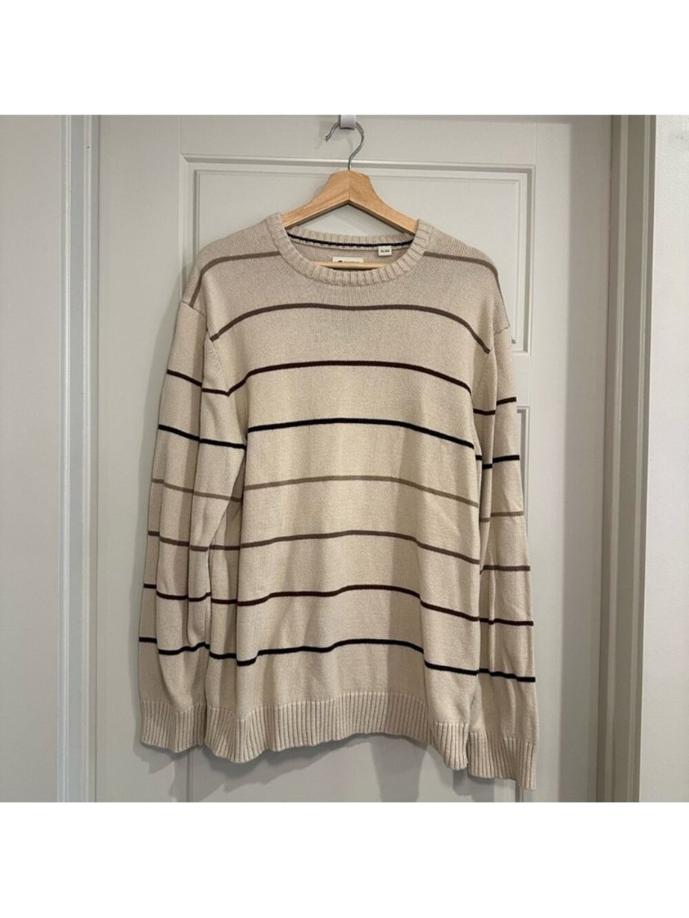 Haggar Cream Brown Striped Knit Cotton Sweater Size XL